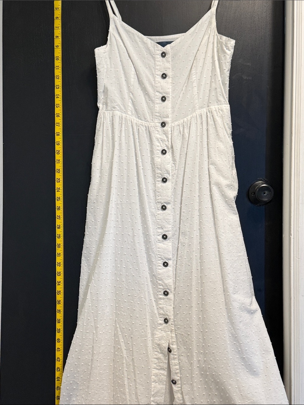 ModCloth. White cotton lined Button-Front Spaghetti Strap Summer Dress